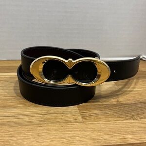 Coach Gold Tone Signature Buckle & Black Leather Belt 25mm, Large (Loop Missing)